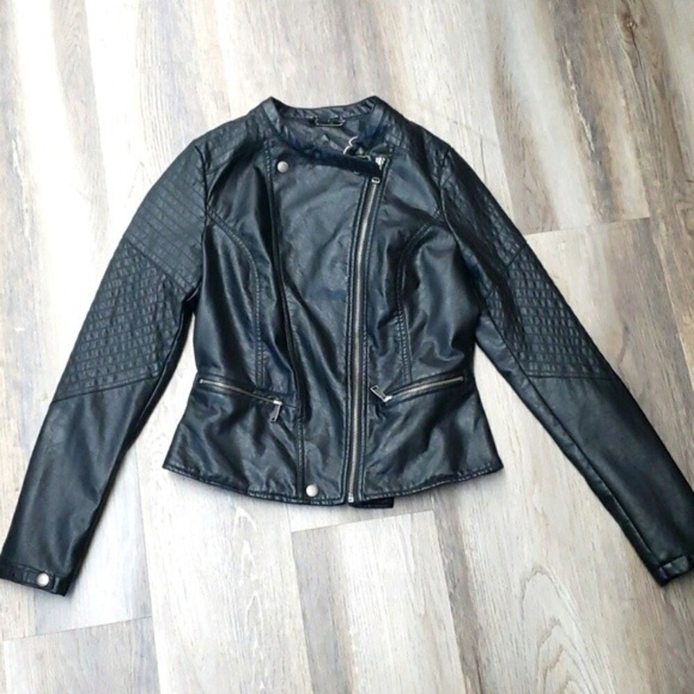 Joujou Tan Jacket Faux Leather Jacket Quilted Sleeves S Zippered Pockets